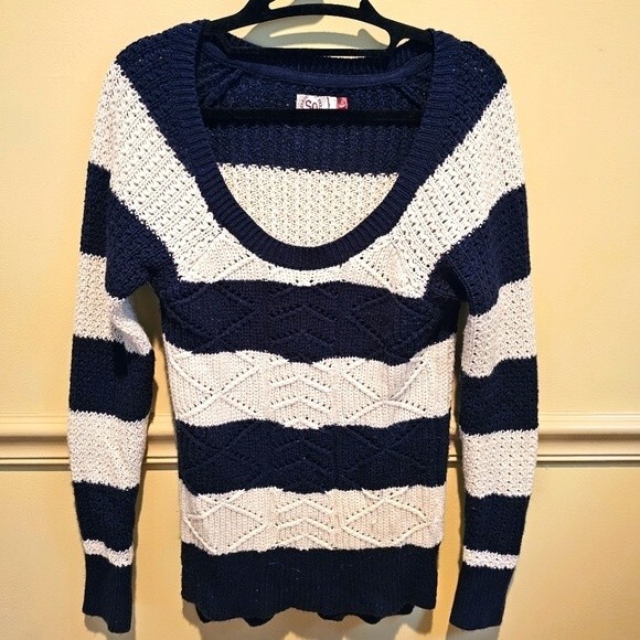 SO White and Blue Stripe Scoop Neck with Blue Sparke Sweater Size Small - Picture 1 of 4